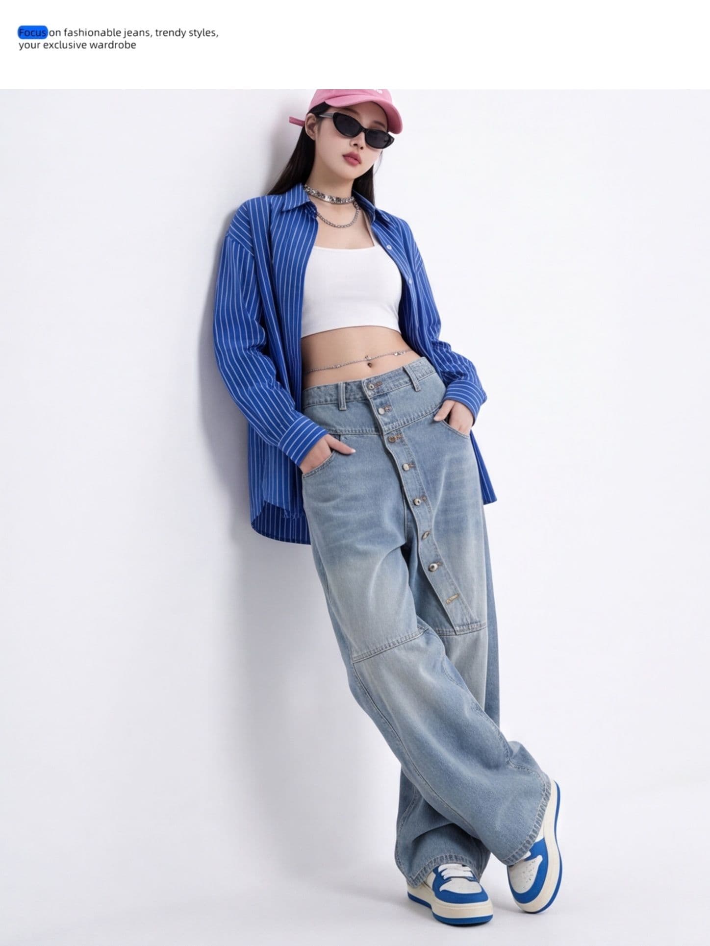 가을 의상 해체 비스듬한 단추 모통이 칼 청바지 여성 와이드 레그 팬츠 개성 잘못된 게재 위치 허리 머리 루즈핏 바나나 워크웨어 긴 바지 상세 이미지 12