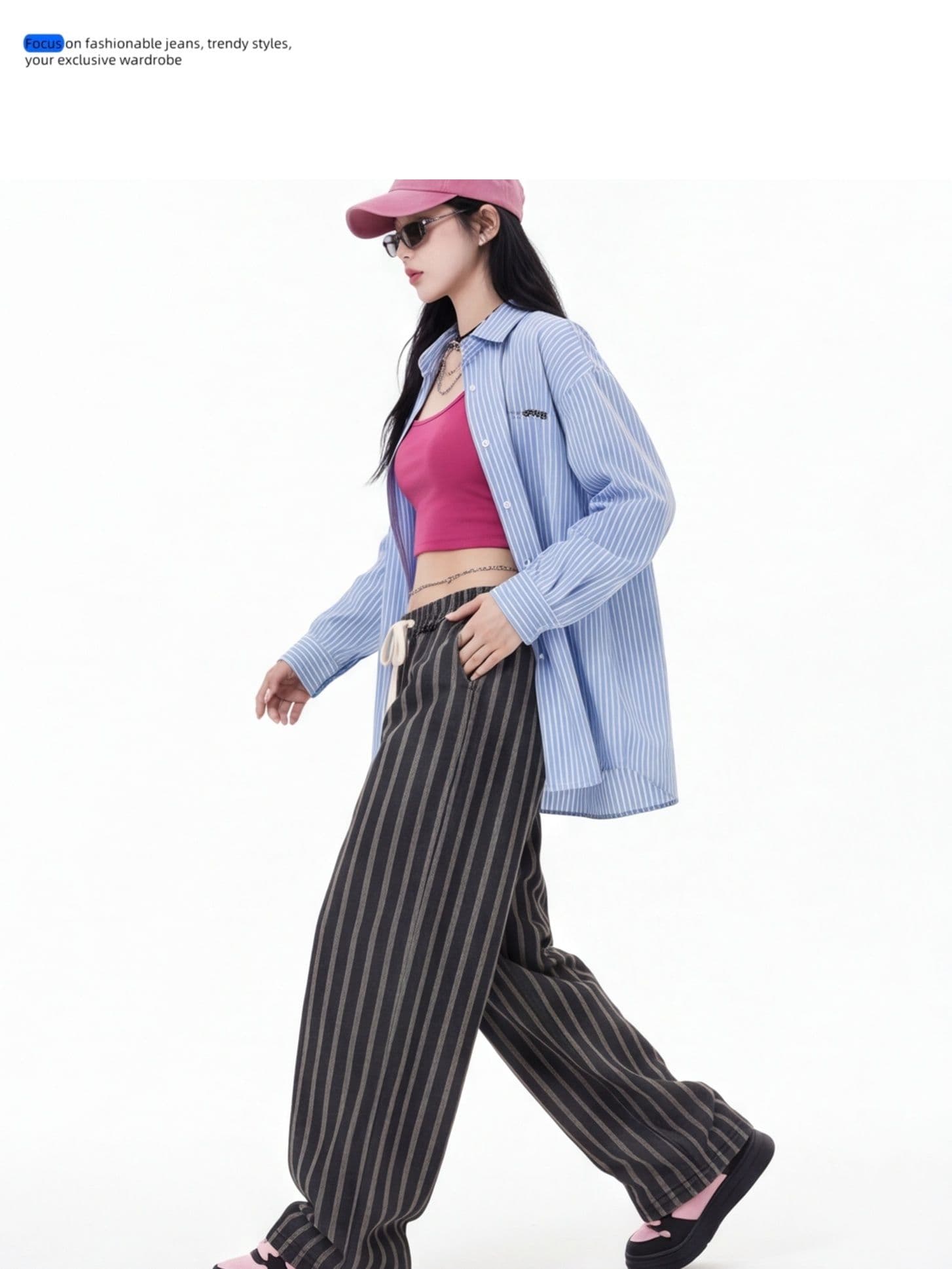 아메리칸 세로 줄무늬 와이드 레깅스 바지 봄 가을 새로운 마 재료 도루 센스 슬림해 보이는 다용도 루즈핏 스트레이트 캐주얼 바지 상세 이미지 9