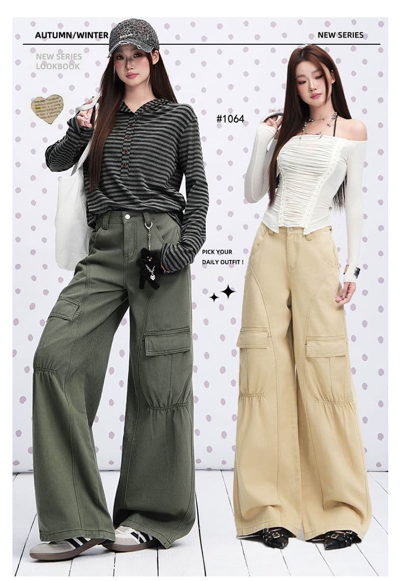 군용 녹색 순면 Chic 펌프 Pleat 자르기 센스 청바지 여성 2026 년 이른 가을 새로운 다용도 캐주얼 워크웨어 팬츠 상세 이미지 2