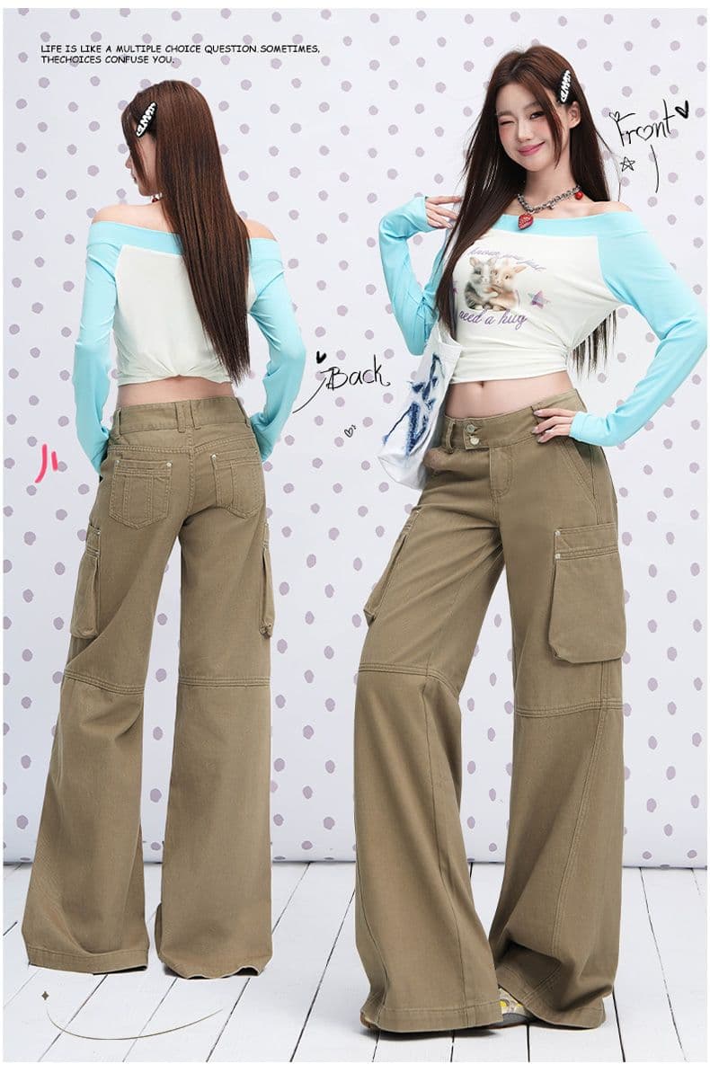 커피 색상 면 소재 캐주얼 분할 더블 버클 워크웨어 팬츠 여성 2026 년 이른 가을 새로운 루즈핏 기타 주머니 와이드 레그 팬츠 상세 이미지 3