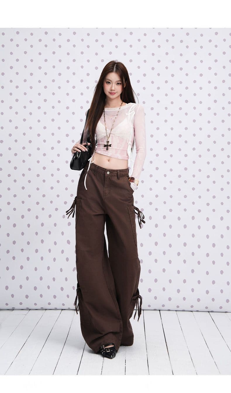 카키 색 기타 주머니 3 차원 스트랩 장식 청바지 여성 2026 년 이른 가을 새로운 표지 고기 다용도 와이드 레그 팬츠 상세 이미지 11