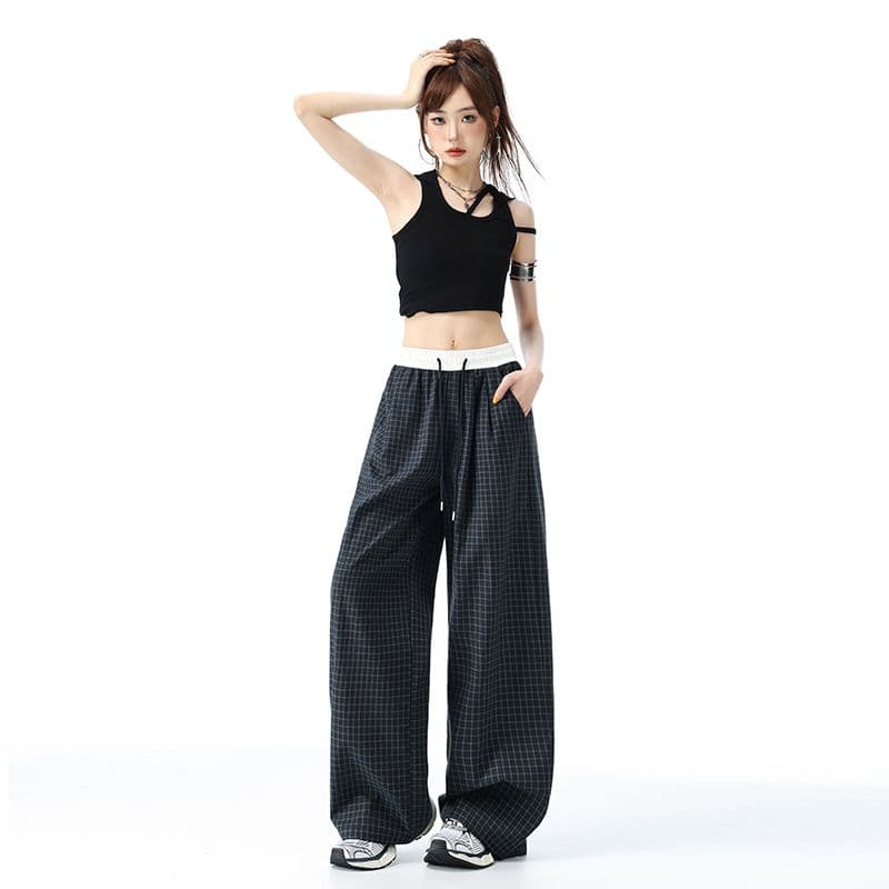 아메리칸 체크무늬 바지 느슨함 센스 운동 캐주얼 바지 여성 2026 가을 루즈핏 스트레이트 느긋한 넓은 다리 굴곡 바지 이미지 6