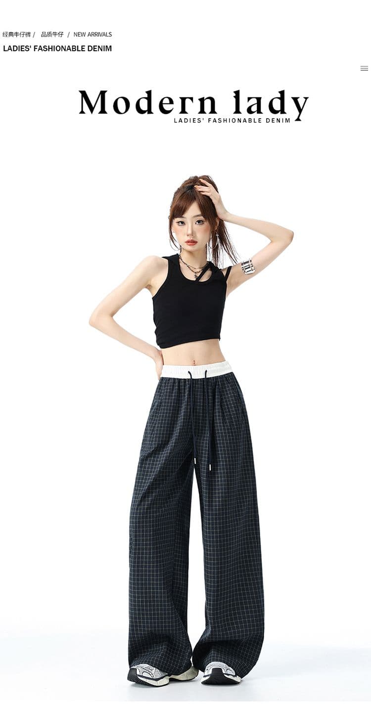 아메리칸 체크무늬 바지 느슨함 센스 운동 캐주얼 바지 여성 2026 가을 루즈핏 스트레이트 느긋한 넓은 다리 굴곡 바지 상세 이미지 1