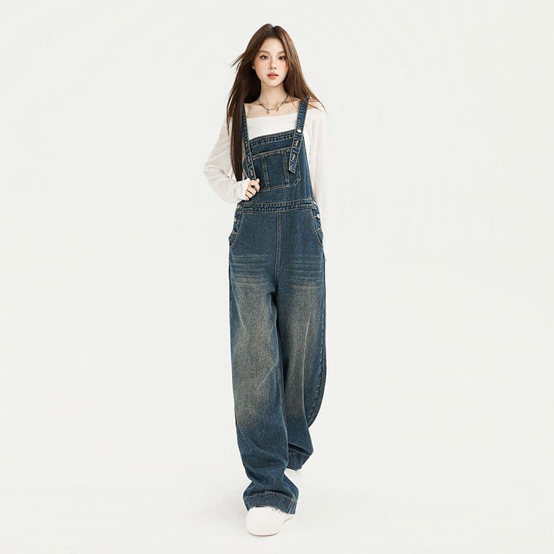레트로 블루 다용도 데님 멜빵 바지 여성 2026 이른 가을 새로운 떨어지지 않음 색상 도루 센스 바닥 청소 슬립 올인원 바지 이미지 6
