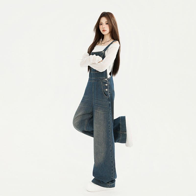 레트로 블루 다용도 데님 멜빵 바지 여성 2026 이른 가을 새로운 떨어지지 않음 색상 도루 센스 바닥 청소 슬립 올인원 바지 이미지 4