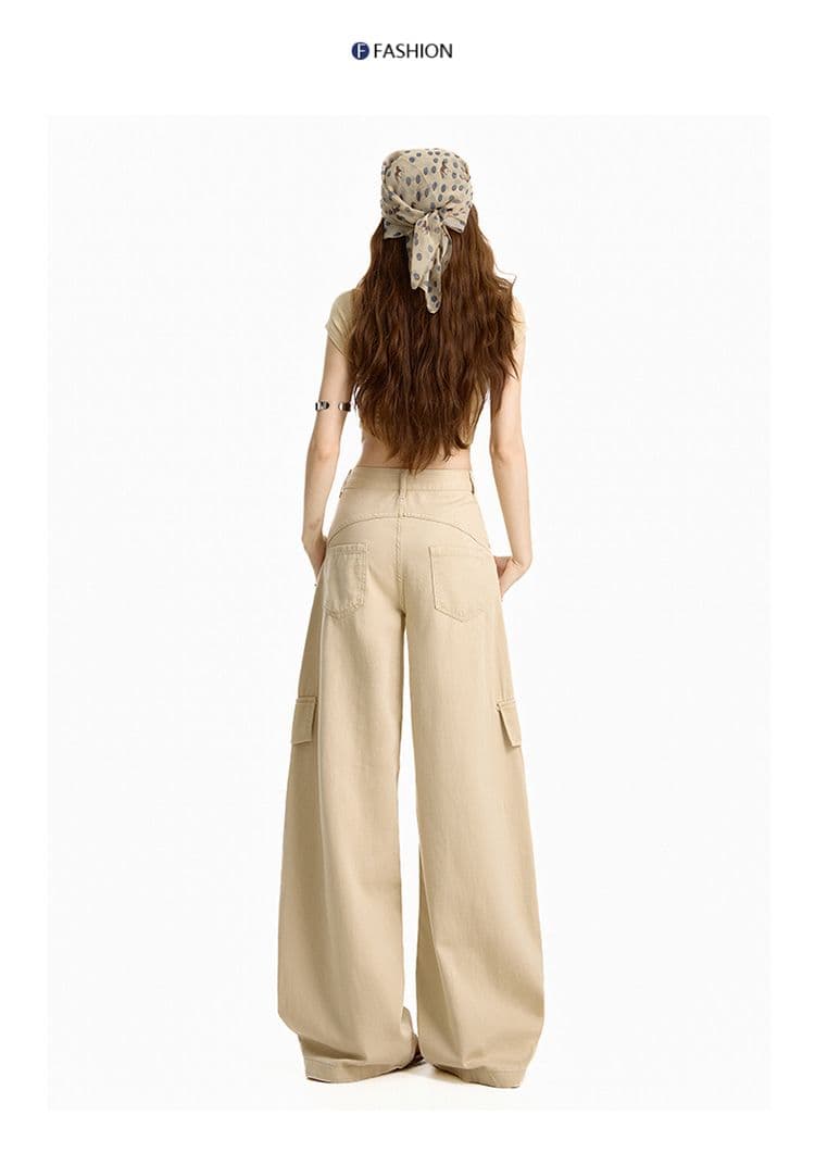 한국 스타일 레트로 작은 대중 하이웨이스트 주머니 경기 체크무늬 가죽 커튼 디자인 센스 루즈핏 다용도 데님 워크웨어 와이드 레깅스 바지 상세 이미지 18