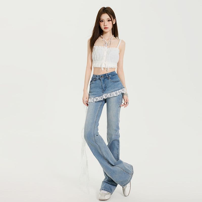 페이크 레이어드 레이스 조각 청바지 아이들 이른 가을 2026 새로운 작은 키 하이웨이스트 패션 부츠컷 긴 바지 이미지 3
