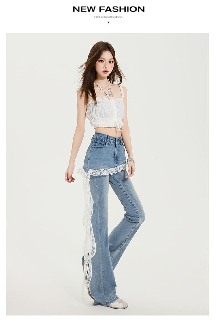 페이크 레이어드 레이스 조각 청바지 아이들 이른 가을 2026 새로운 작은 키 하이웨이스트 패션 부츠컷 긴 바지 상세 이미지 20