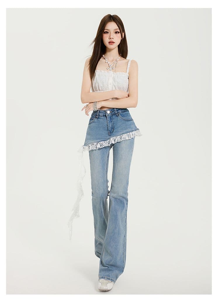 페이크 레이어드 레이스 조각 청바지 아이들 이른 가을 2026 새로운 작은 키 하이웨이스트 패션 부츠컷 긴 바지 상세 이미지 21