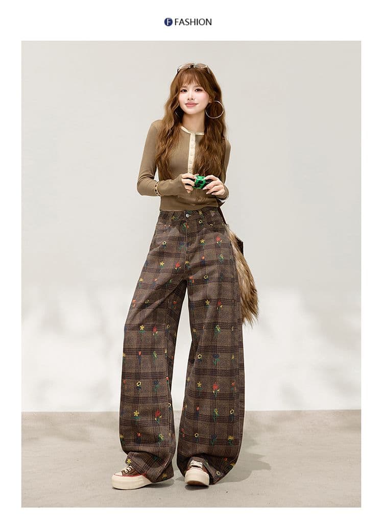 이른 가을 아메리칸 레트로 체크무늬 넓은 다리 청바지 여성 하이웨이스트 루즈핏 느긋한 바람 다용도 스트레이트 긴 바지 다용도 섹션 상세 이미지 7