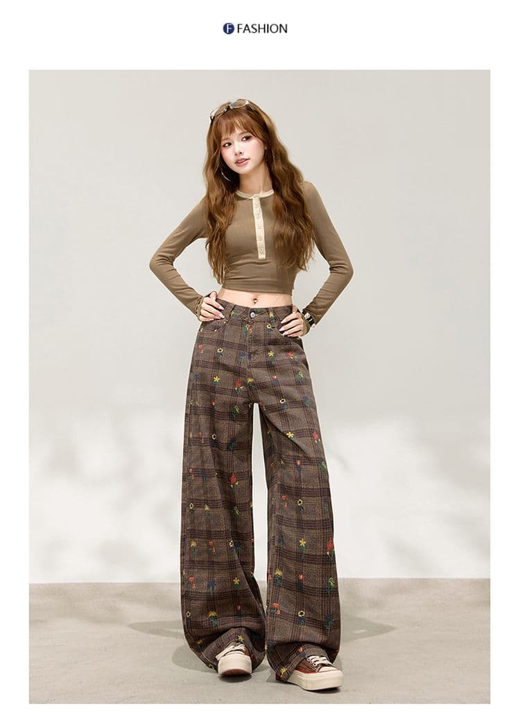 이른 가을 아메리칸 레트로 체크무늬 넓은 다리 청바지 여성 하이웨이스트 루즈핏 느긋한 바람 다용도 스트레이트 긴 바지 다용도 섹션 상세 이미지 12