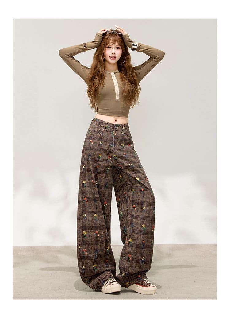 이른 가을 아메리칸 레트로 체크무늬 넓은 다리 청바지 여성 하이웨이스트 루즈핏 느긋한 바람 다용도 스트레이트 긴 바지 다용도 섹션 상세 이미지 13
