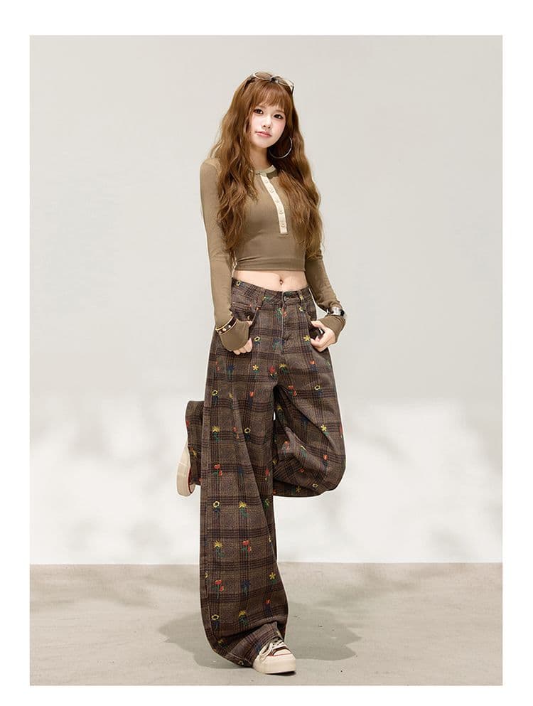 이른 가을 아메리칸 레트로 체크무늬 넓은 다리 청바지 여성 하이웨이스트 루즈핏 느긋한 바람 다용도 스트레이트 긴 바지 다용도 섹션 상세 이미지 14