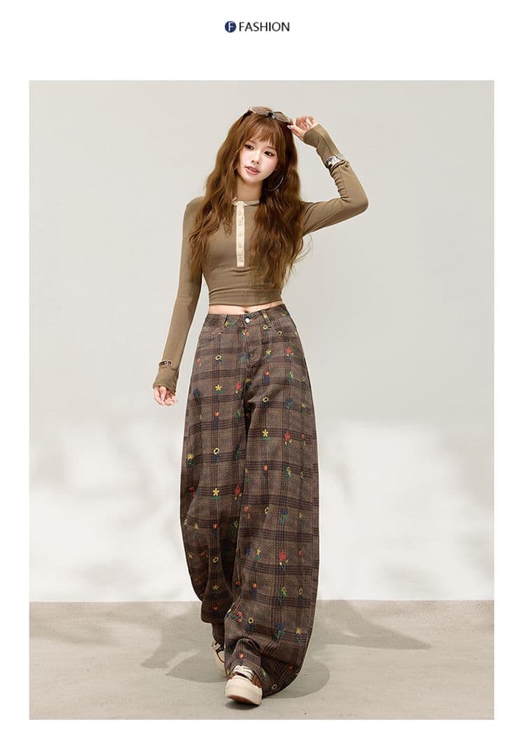 이른 가을 아메리칸 레트로 체크무늬 넓은 다리 청바지 여성 하이웨이스트 루즈핏 느긋한 바람 다용도 스트레이트 긴 바지 다용도 섹션 상세 이미지 15