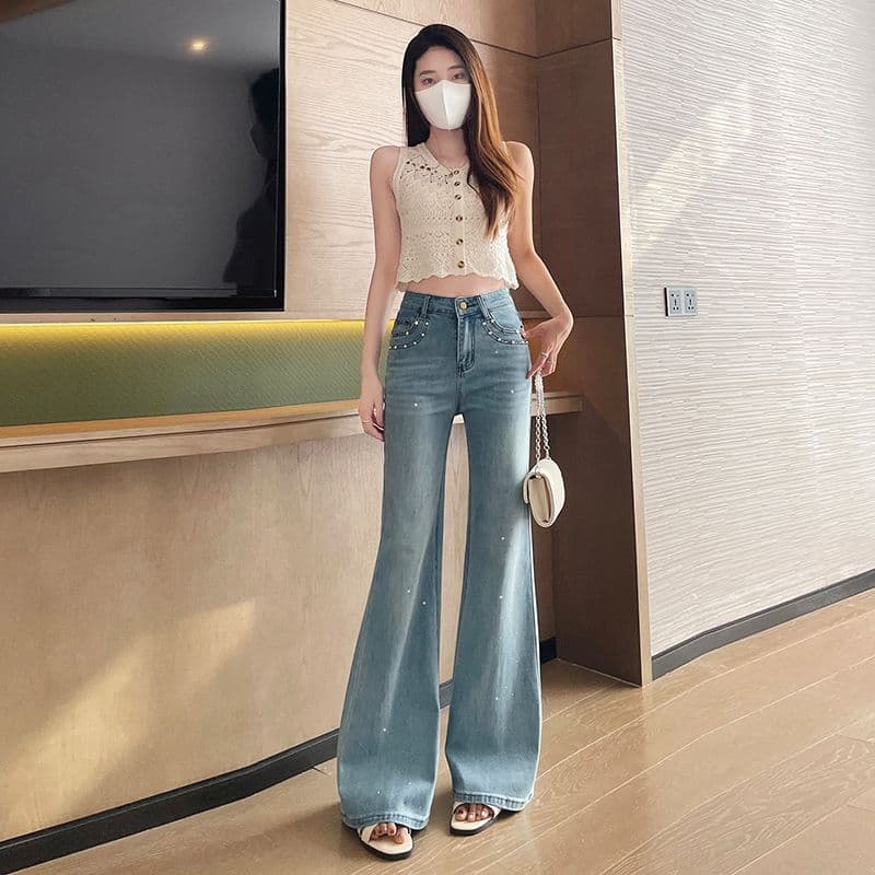 하늘색 핫픽스 마이크로 나팔 청바지 여성 디자인 센스 2026 이른 봄 프랑스식 전체 훈련 출퇴근 호스 슈 바지 이미지 2