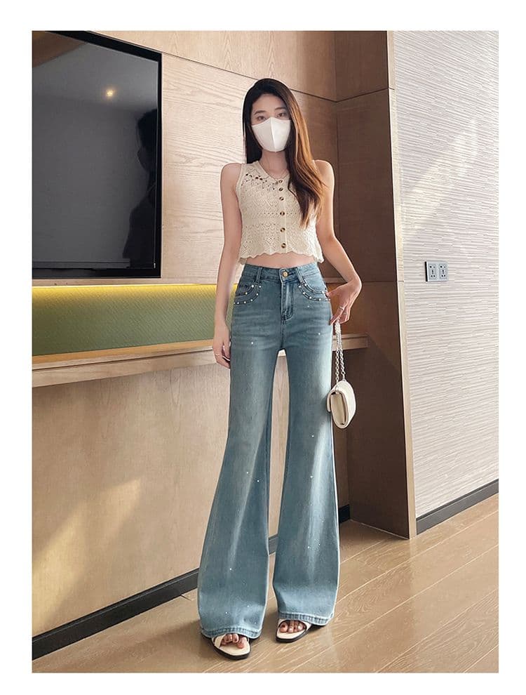 하늘색 핫픽스 마이크로 나팔 청바지 여성 디자인 센스 2026 이른 봄 프랑스식 전체 훈련 출퇴근 호스 슈 바지 상세 이미지 13
