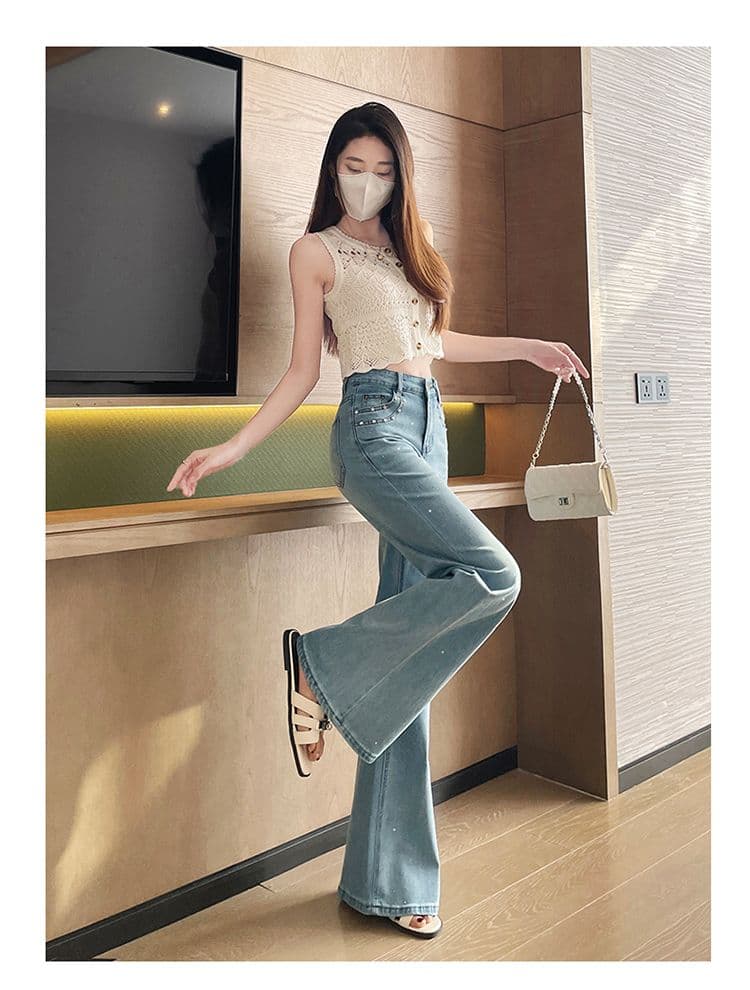 하늘색 핫픽스 마이크로 나팔 청바지 여성 디자인 센스 2026 이른 봄 프랑스식 전체 훈련 출퇴근 호스 슈 바지 상세 이미지 14