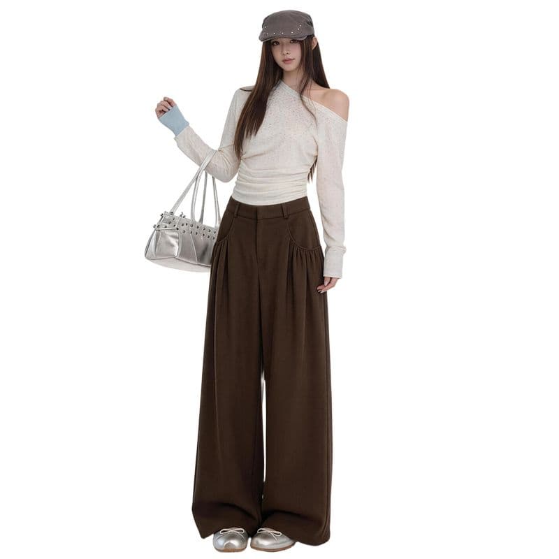 도루 센스 부드럽다 스트레이트 정장 바지 주머니 수신 Pleat 디스플레이 높은 얇은 루즈핏 넓은 다리 여성 브라운 캐주얼 바지 이미지 6