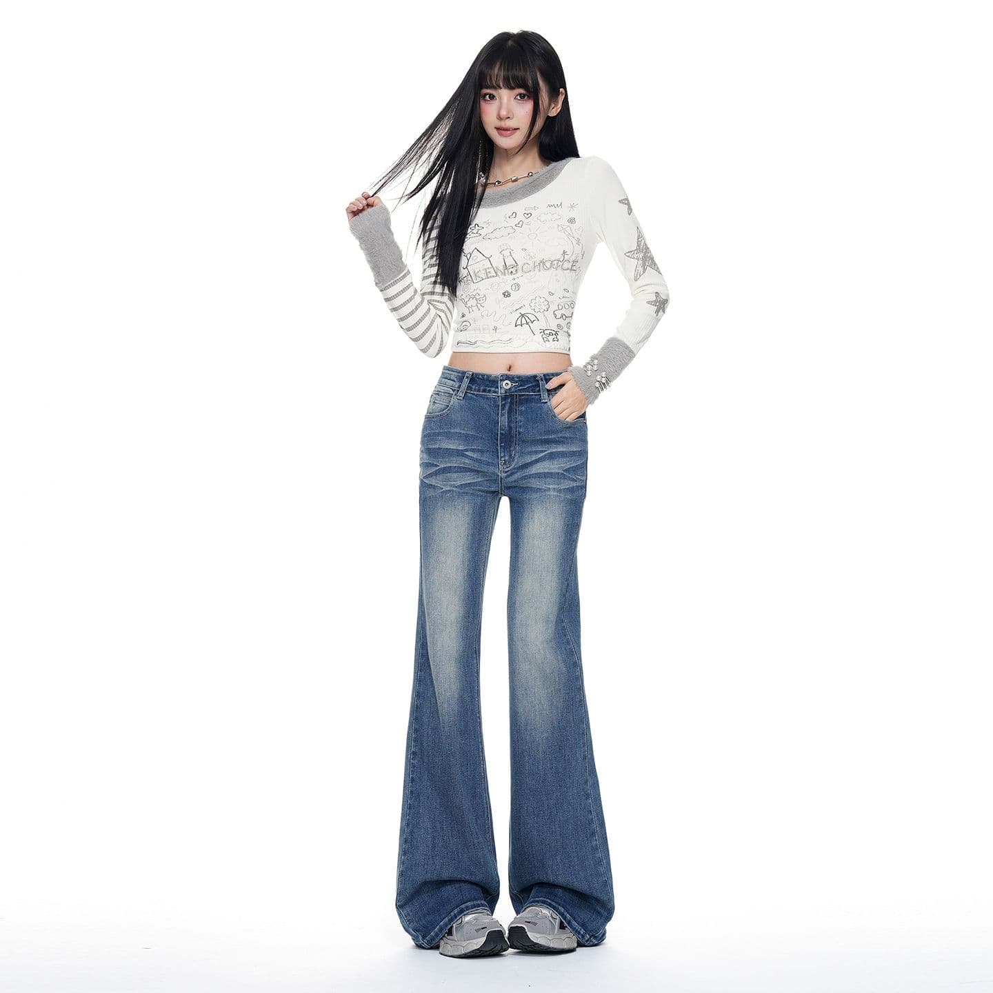 아메리칸 레트로 워싱 부츠컷 청바지 여성 높음 거리 몸매 가꾸기 슬림해 보이는 패션 핫걸 다용도 나팔 바지 이미지 4