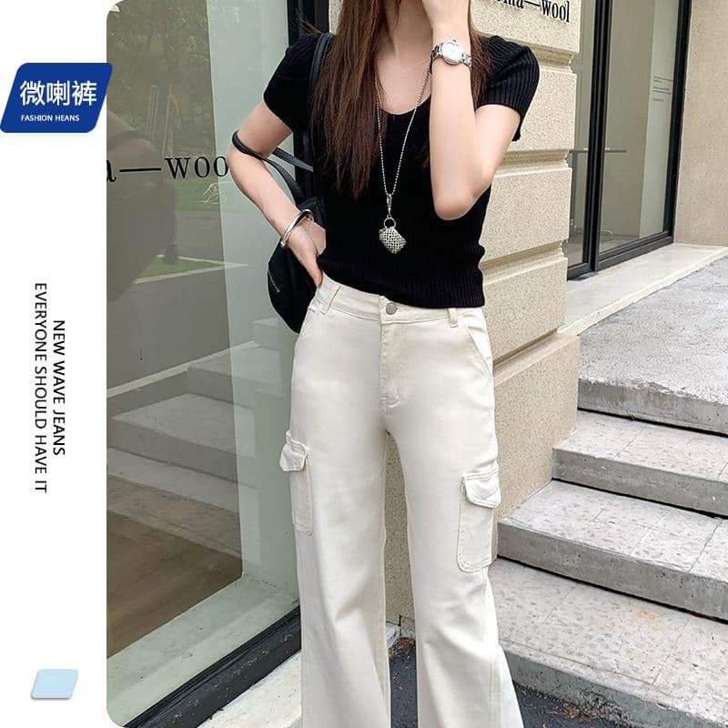 데님 플레어 바지 베이지 색 워크웨어 주머니 바닥 청소 바지 이미지 6