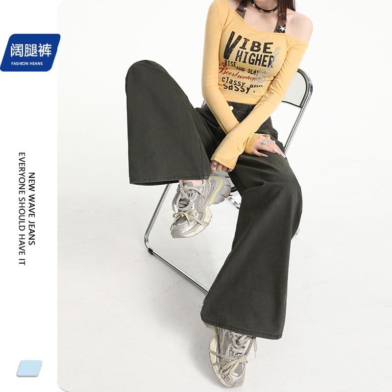 짙은 녹색 데님 넓은 다리 바닥 청소 바지 여성 워크웨어 주머니 이미지 3