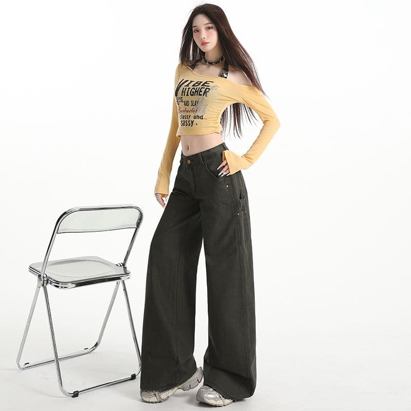 짙은 녹색 데님 넓은 다리 바닥 청소 바지 여성 워크웨어 주머니 이미지 5