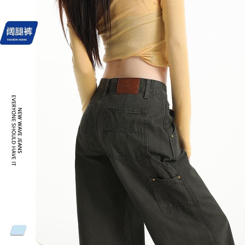 짙은 녹색 데님 넓은 다리 바닥 청소 바지 여성 워크웨어 주머니 이미지 6