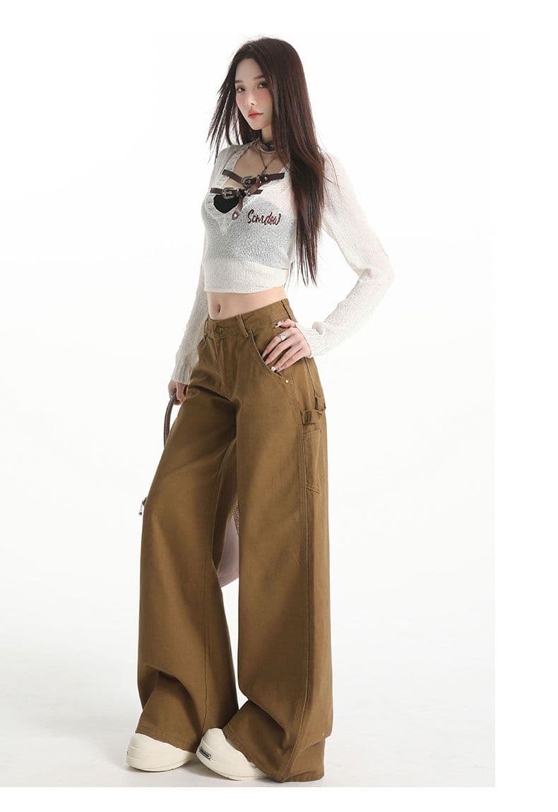 짙은 녹색 데님 넓은 다리 바닥 청소 바지 여성 워크웨어 주머니 상세 이미지 9