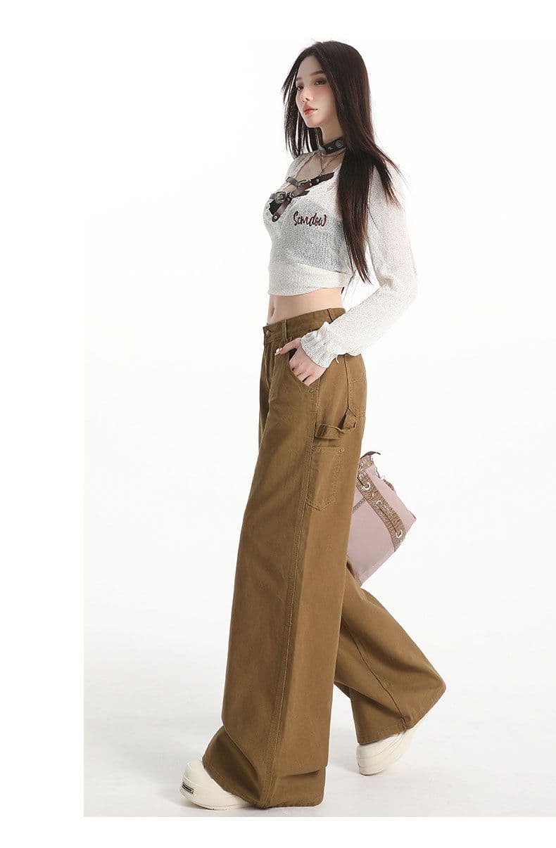 짙은 녹색 데님 넓은 다리 바닥 청소 바지 여성 워크웨어 주머니 상세 이미지 11