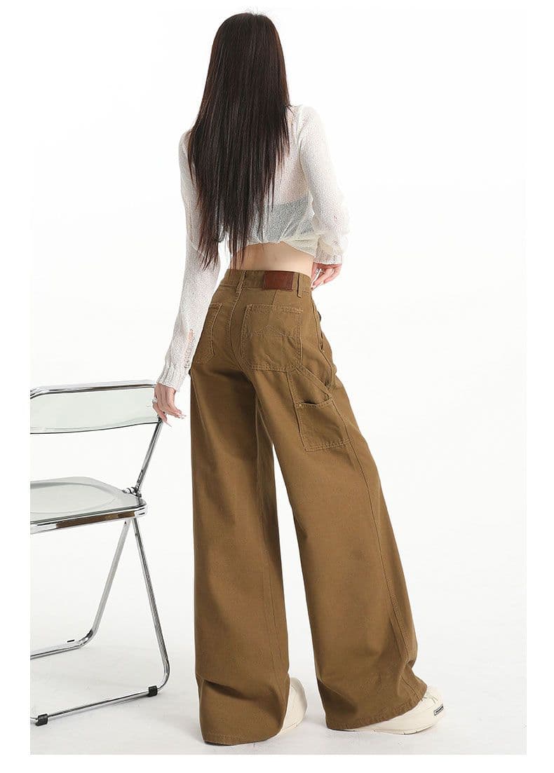 짙은 녹색 데님 넓은 다리 바닥 청소 바지 여성 워크웨어 주머니 상세 이미지 12