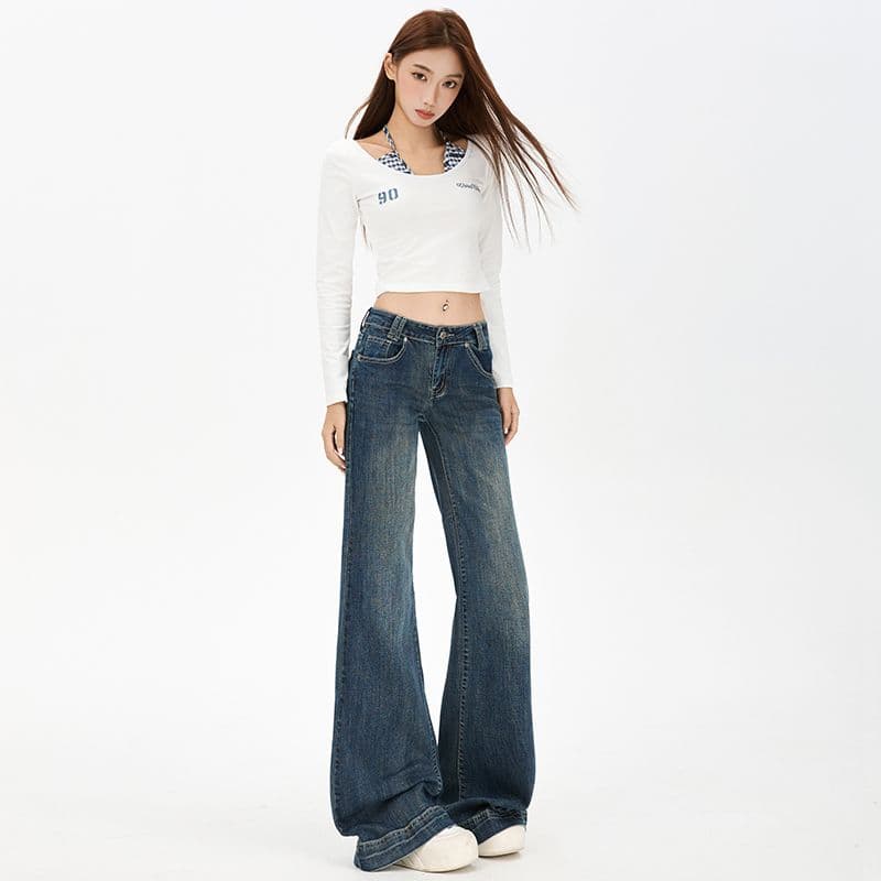 파란색 데님 부츠컷 바지 여성 레트로 이후 가방 바닥 청소 이미지 3