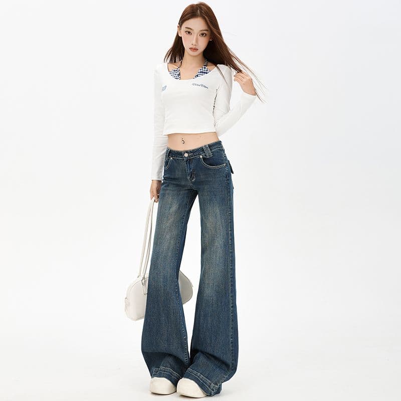 파란색 데님 부츠컷 바지 여성 레트로 이후 가방 바닥 청소 이미지 4