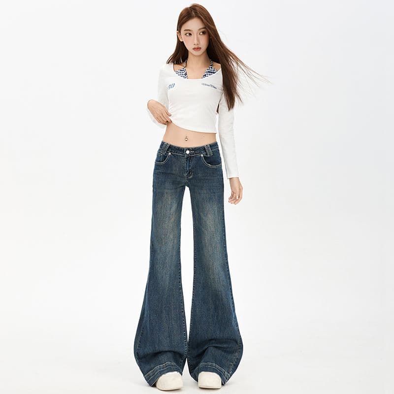 파란색 데님 부츠컷 바지 여성 레트로 이후 가방 바닥 청소 이미지 2