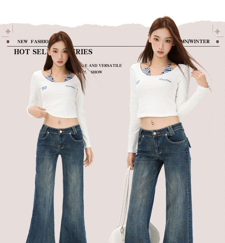 파란색 데님 부츠컷 바지 여성 레트로 이후 가방 바닥 청소 상세 이미지 1