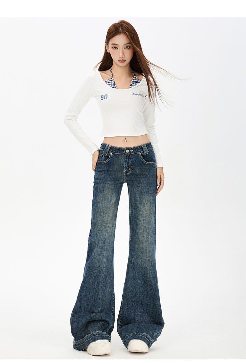 파란색 데님 부츠컷 바지 여성 레트로 이후 가방 바닥 청소 상세 이미지 12