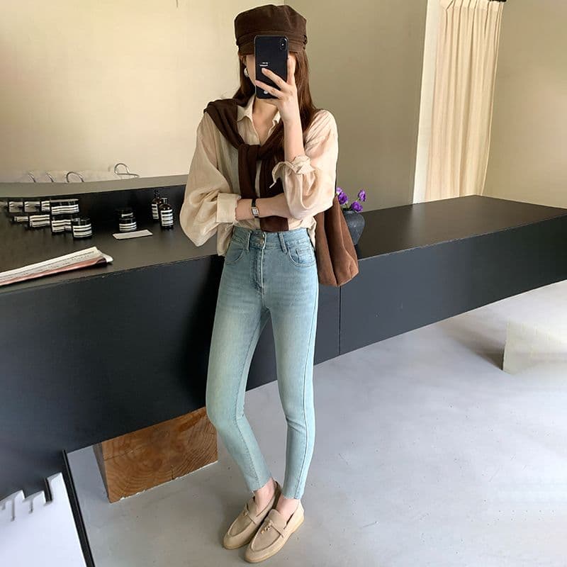 하늘색 데님 작은 발 바지 여성 하이웨이스트 단추 이미지 2