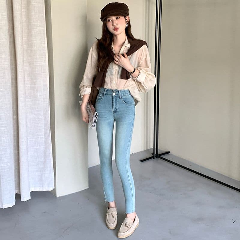 하늘색 데님 작은 발 바지 여성 하이웨이스트 단추 이미지 3