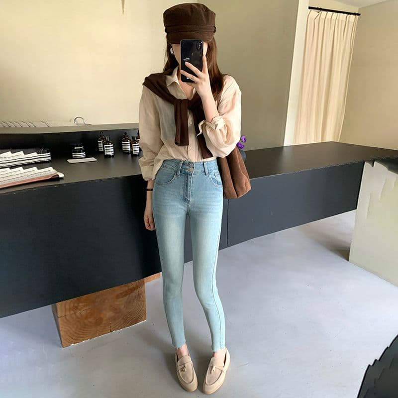 하늘색 데님 작은 발 바지 여성 하이웨이스트 단추 이미지 6