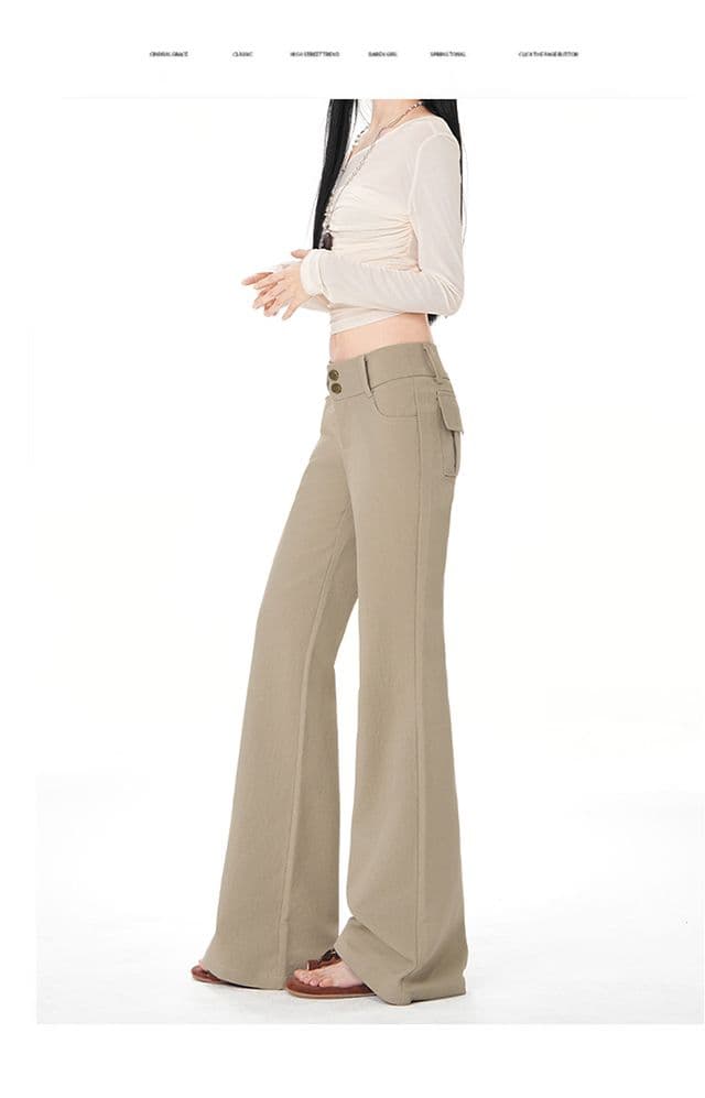 올리브 그린 순면 사선 무늬 마이크로 폭탄 레트로 로우 웨이스트 익스트림 제인 와이드 허리 머리 부츠컷 캐주얼 바지 상세 이미지 15