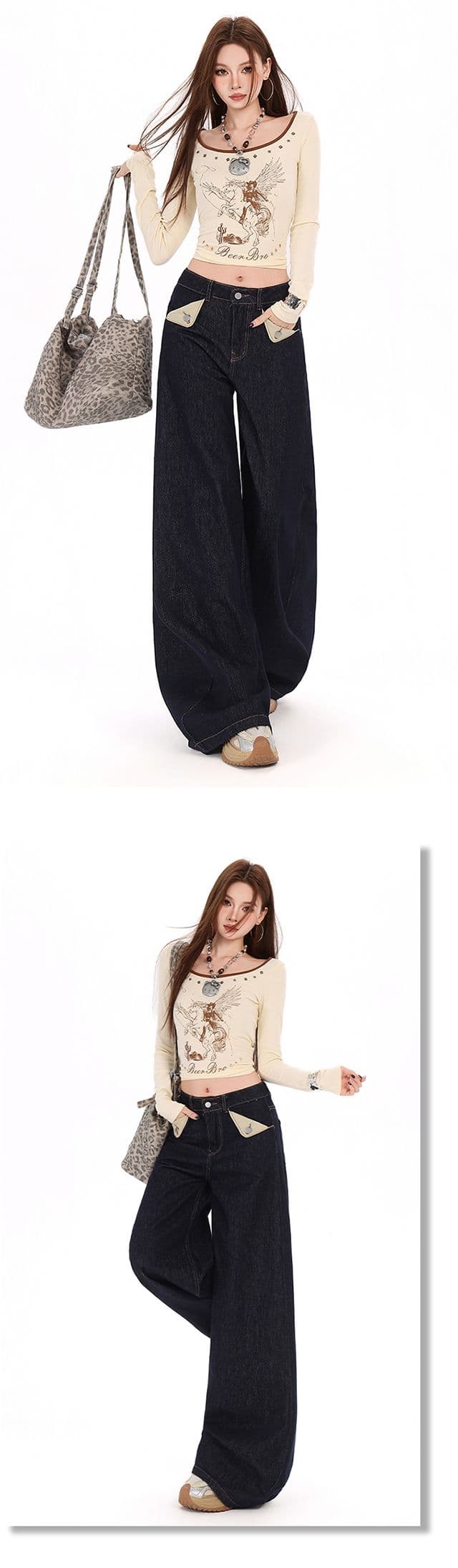 진한 파란색 넓은 다리 청바지 여성 새로운 하이웨이스트 아메리칸 레트로 루즈핏 바닥 청소 스트레이트 바지 상세 이미지 9