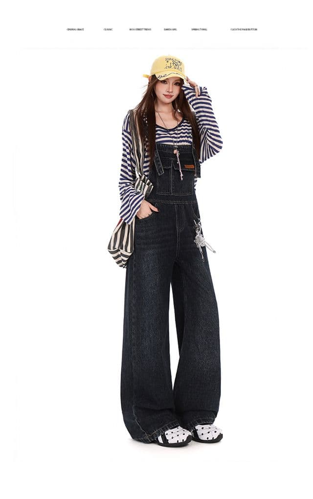 아메리칸 진한 파란색 데님 멜빵 바지 여성 한국 스타일 루즈핏 하이웨이스트 슬림해 보이는 넓은 다리 올인원 긴 바지 상세 이미지 10