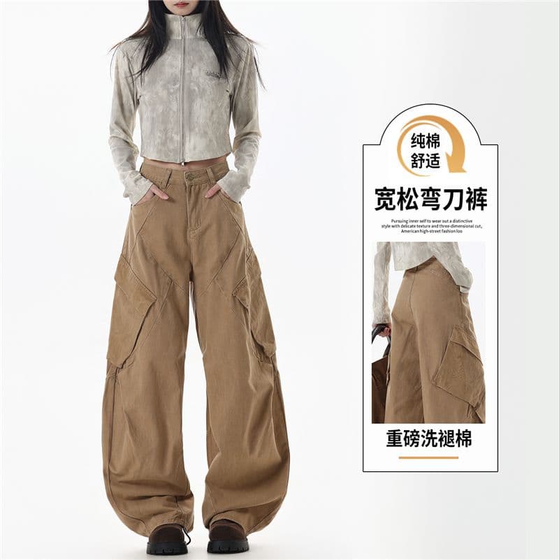 가을 무거운 워시 퇴색 한 면 캐주얼 데님 워크웨어 패치워크 막대기 가방 루즈핏 넓은 다리 느슨함 센스 순면 편안함 이미지 3
