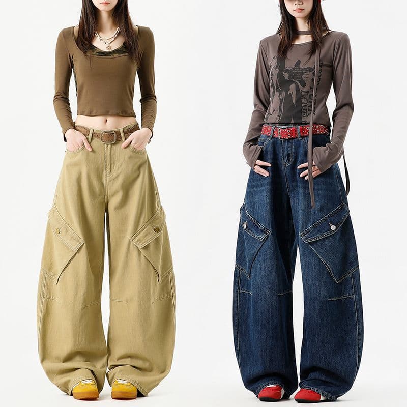 가을 트렌디 차가운 레트로 모통이 칼 바지 넓은 다리 편안함 캐주얼 무거운 작업 워싱 루즈핏 도루 센스 다용도 청바지 여성 이미지 3