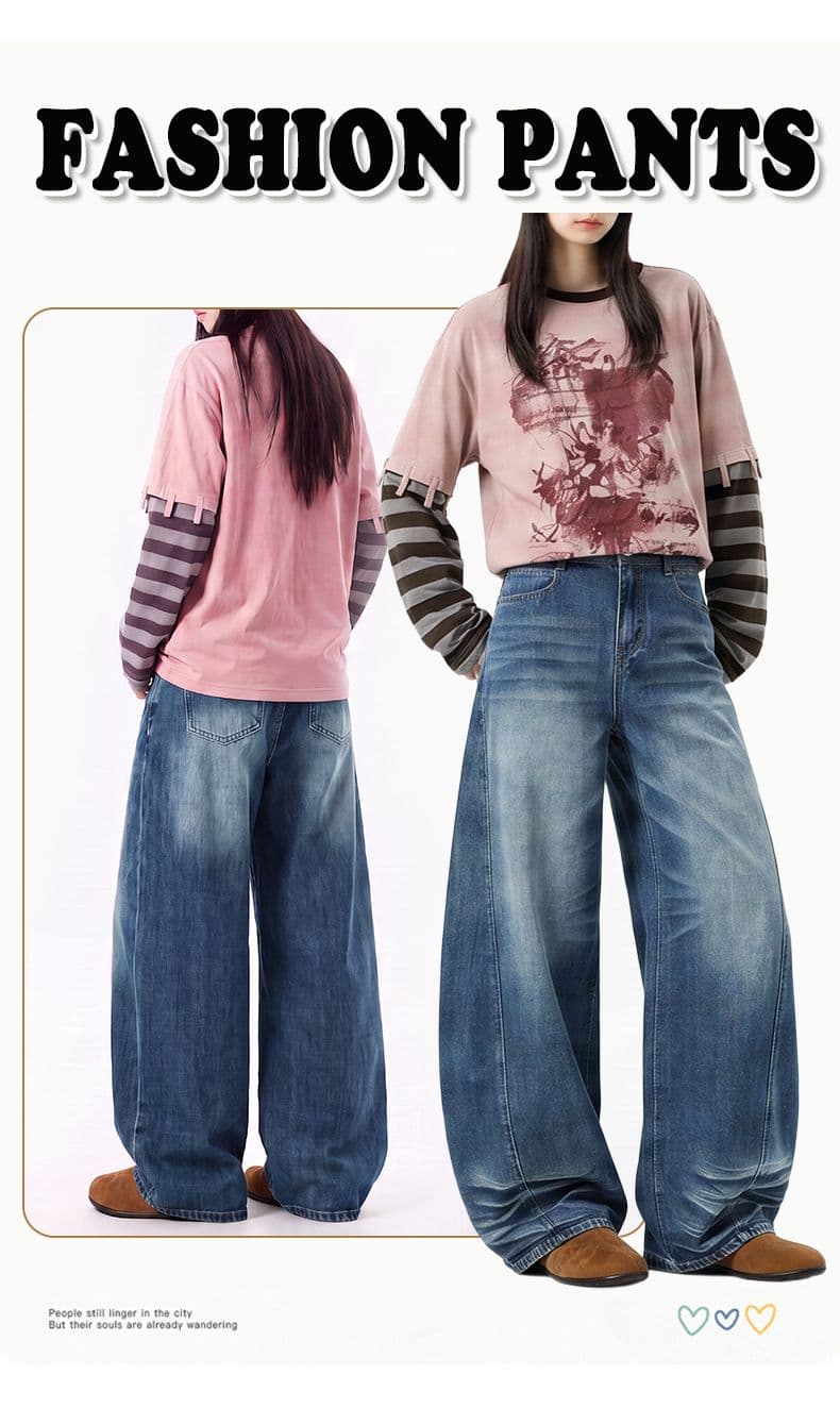 가을 트렌디 차가운 레트로 모통이 칼 바지 무거운 작업 패치워크 캐주얼 청바지 여성 프로필 모양 데님 느슨함 센스 상세 이미지 3