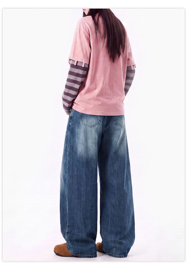 가을 트렌디 차가운 레트로 모통이 칼 바지 무거운 작업 패치워크 캐주얼 청바지 여성 프로필 모양 데님 느슨함 센스 상세 이미지 14