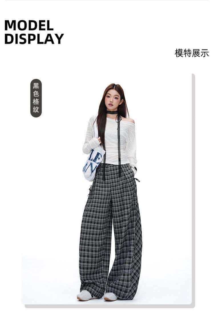 아메리칸 레트로 클래식 체크무늬 긴 바지 여성 이른 가을 느긋한 루즈핏 캐주얼 넓은 다리 바닥 청소 바지 상세 이미지 5