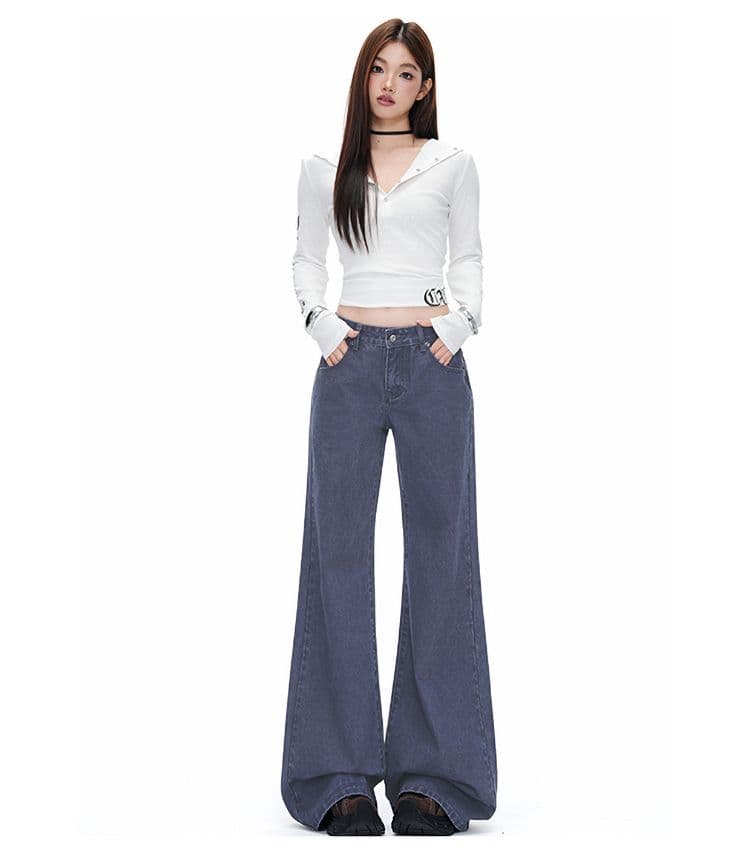진한 파란색 이른 가을 로우 웨이스트 도루 센스 슬림해 보이는 레트로 스트레이트 마이크로 나팔 청바지 여성 상세 이미지 9
