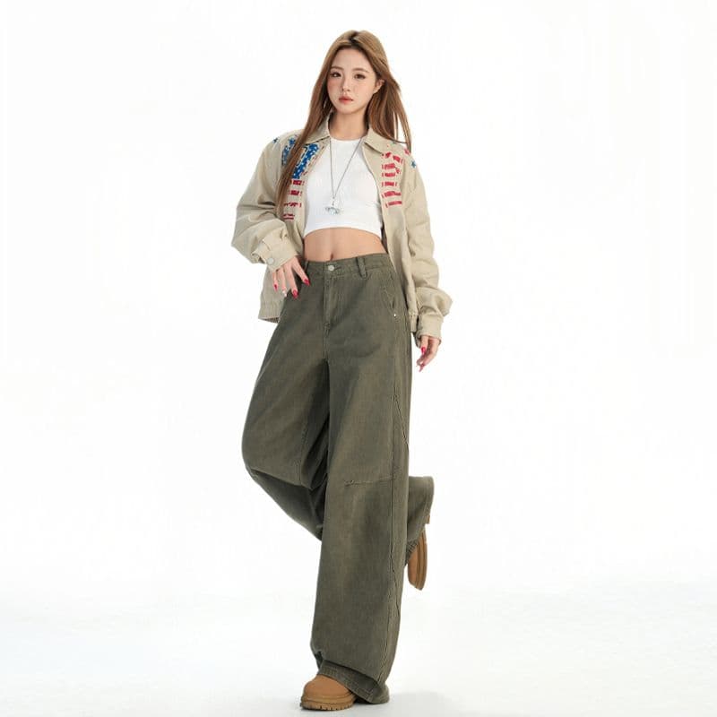 새로운 군용 녹색 아메리칸 레트로 워싱 마 오래된 청바지 남녀 루즈핏 스트레이트 와이드 레그 팬츠 이미지 5