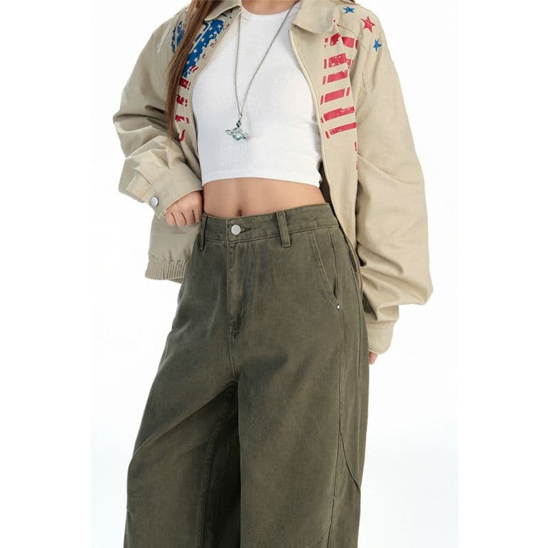 새로운 군용 녹색 아메리칸 레트로 워싱 마 오래된 청바지 남녀 루즈핏 스트레이트 와이드 레그 팬츠 이미지 3