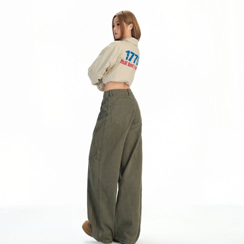 새로운 군용 녹색 아메리칸 레트로 워싱 마 오래된 청바지 남녀 루즈핏 스트레이트 와이드 레그 팬츠 이미지 4